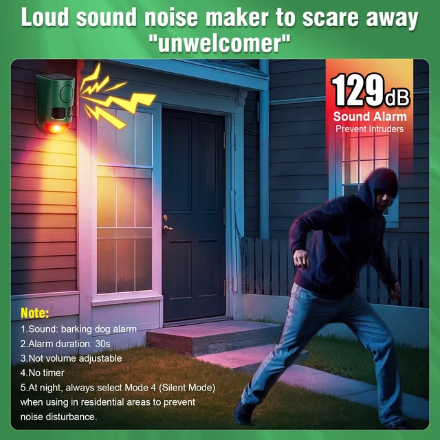 Alt view image 2 of 7 - Solar Motion Sensor Alarm Outdoor Dog Barking Alarm 4 Mode 129dB Loud Sound Noise Maker IP65 Waterproof Motion Detector with Strobe Light for Yard Farm Garden 2 Pack
