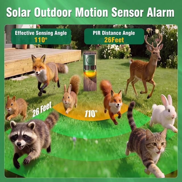 Alt view image 3 of 7 - Solar Motion Sensor Alarm Outdoor Dog Barking Alarm 4 Mode 129dB Loud Sound Noise Maker IP65 Waterproof Motion Detector with Strobe Light for Yard Farm Garden 2 Pack