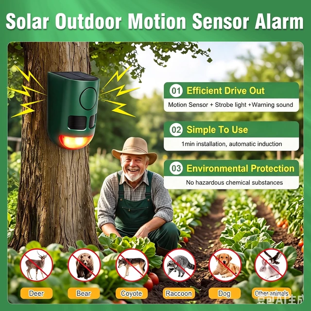 Alt view image 5 of 7 - Solar Motion Sensor Alarm Outdoor Dog Barking Alarm 4 Mode 129dB Loud Sound Noise Maker IP65 Waterproof Motion Detector with Strobe Light for Yard Farm Garden 2 Pack