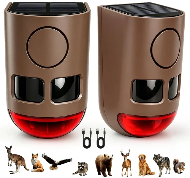 Main image of Solar Motion Sensor Alarm Outdoor Dog Barking Alarm 4 Mode 129dB Loud Sound Noise Maker IP65 Waterproof Motion Detector with Strobe Light for Yard Farm Garden 2 Pack