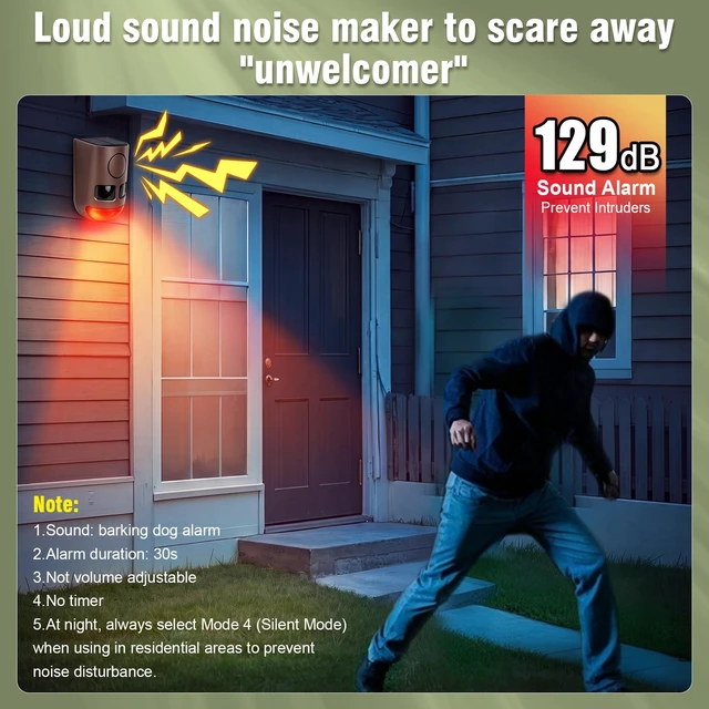 Alt view image 2 of 7 - Solar Motion Sensor Alarm Outdoor Dog Barking Alarm 4 Mode 129dB Loud Sound Noise Maker IP65 Waterproof Motion Detector with Strobe Light for Yard Farm Garden 2 Pack