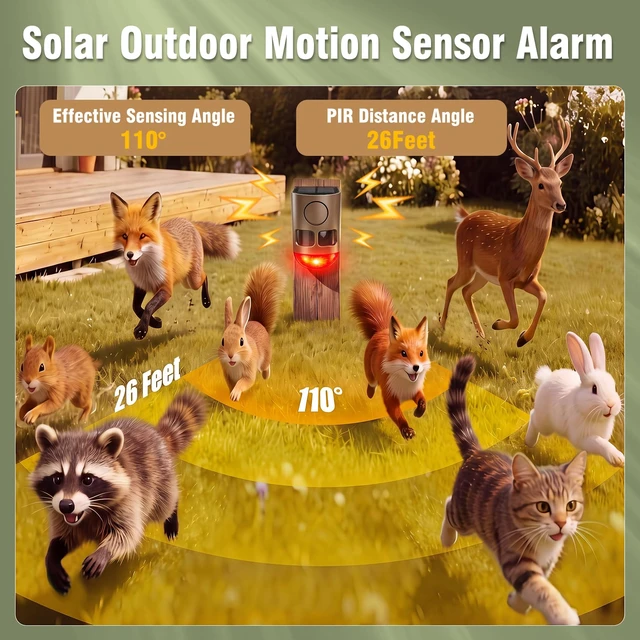 Alt view image 4 of 7 - Solar Motion Sensor Alarm Outdoor Dog Barking Alarm 4 Mode 129dB Loud Sound Noise Maker IP65 Waterproof Motion Detector with Strobe Light for Yard Farm Garden 2 Pack