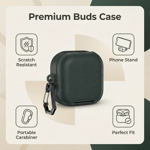 Alt view image 2 of 7 - Case for Samsung Galaxy Buds 4 & Galaxy Buds 4 Pro (2026),Case Compatible with Samsung Buds 4 / Buds 4 Pro,Leather Texture Earbud Cover with Integrated Phone Stand Secure Lock Buckle,Sturdy Carabiner