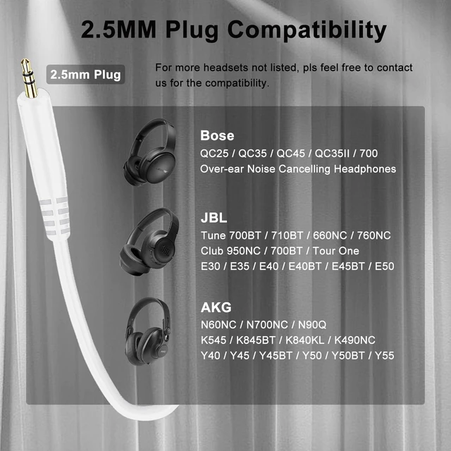 Alt view image 2 of 7 - Replacement Bose Headset Cord, 3.5mm Male to 2.5mm Male Audio Cable, White Bose Headphone Cable Compatible with Bose 700 QuietComfort 25 QC25 QC35 QC35II, JBL Tune 710BT 660NC Headsets, No Mic