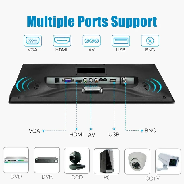 Alt view image 7 of 7 - 15.6 Inch CCTV Security Monitor, 1920x1080, BNC HDMI VGA, for DVR and NVR 16:9 Full HD screen for recorder feeds, AV input, metal housing, speakers, USB media playback, remote and VESA mounting