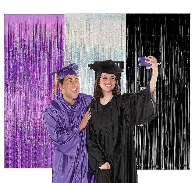 Alt view image 7 of 7 - Graduation Party Decorations Purple Silver Black 2026/Purple Black Graduation Decorations 2026/Birthday Decorations for Women Purple Silver Black Foil Fringe Curtains