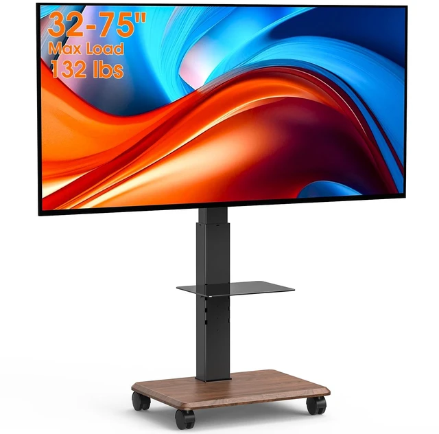 Main image of Heavy Duty Rolling TV Stand for 32-75 Inch TVs Holds up to 132 lbs Height Adjustable Mobile TV Floor Stand with Glass Shelf, Portable TV Cart with Locking Wheels, Max VESA 600x400mm, Black