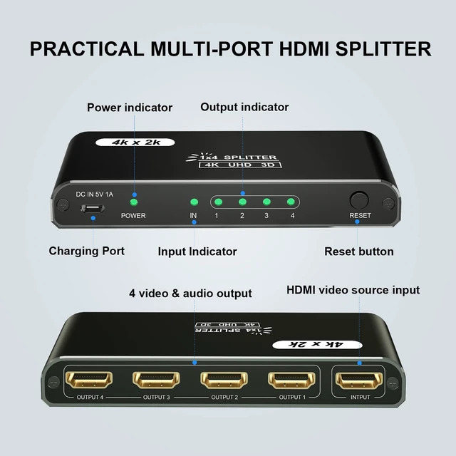 Alt view image 4 of 7 - HDMI Spliter 1 in 4 Out, 4K@30Hz HDM I Spliter with 4 Port, 4 Way Powered HDM I Output Spliter Box, 1x4 HDM I Display Duplicator/Mirror Support 3D UHD 1080P for PC Xbox PS4 Cable Box FireStick