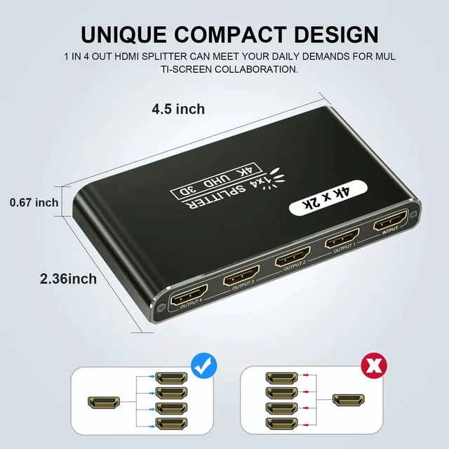 Alt view image 5 of 7 - HDMI Spliter 1 in 4 Out, 4K@30Hz HDM I Spliter with 4 Port, 4 Way Powered HDM I Output Spliter Box, 1x4 HDM I Display Duplicator/Mirror Support 3D UHD 1080P for PC Xbox PS4 Cable Box FireStick