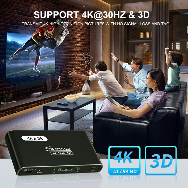 Alt view image 6 of 7 - HDMI Spliter 1 in 4 Out, 4K@30Hz HDM I Spliter with 4 Port, 4 Way Powered HDM I Output Spliter Box, 1x4 HDM I Display Duplicator/Mirror Support 3D UHD 1080P for PC Xbox PS4 Cable Box FireStick