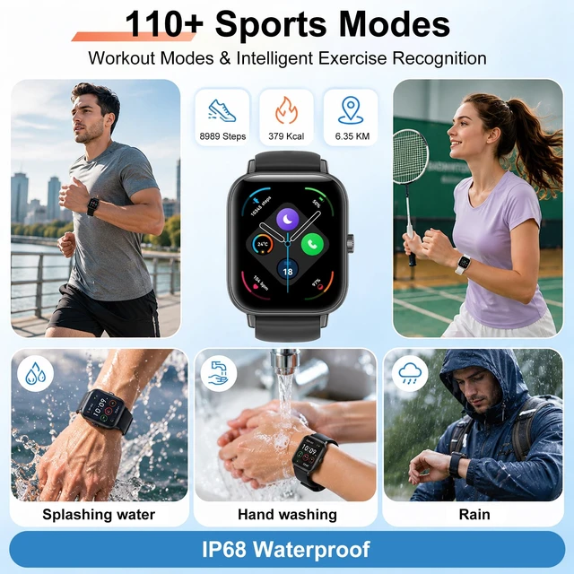 Alt view image 6 of 7 - Smart Watch for Women Men, Answer/Make Call, 1.85" HD Touchscreen(Black) IP68 Waterproof Fitness Tracker, Heart Rate/Sleep Monitor, DIY Dial, Multi-Sport Modes Pedometer, Smartwatch for iOS/Android