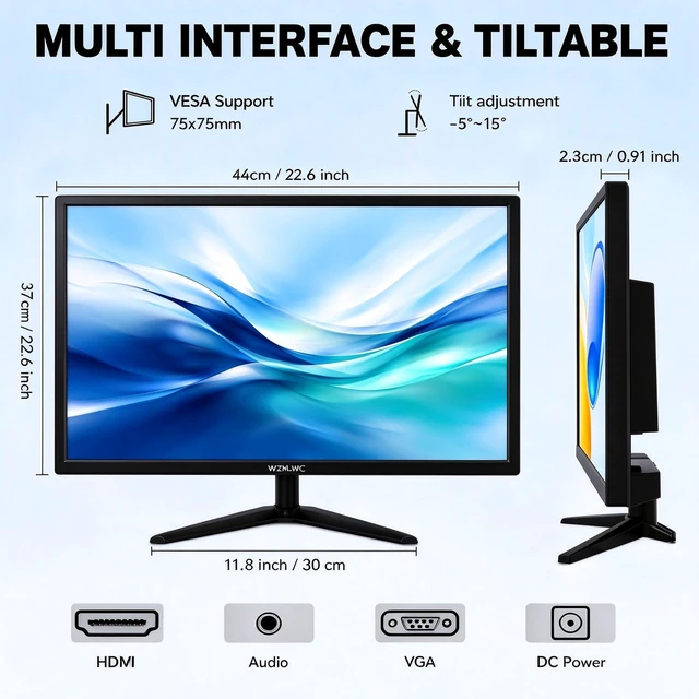 Alt view image 3 of 7 - Computer Monitor - 19 and 21.5 Inch Desktop Display with Select 10 Point Touchscreen Models, HDMI and VGA Ports, VESA Mount Options and Built in Speakers