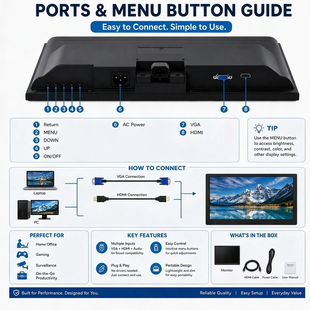 Alt view image 4 of 7 - Computer Monitor - 19 and 21.5 Inch Desktop Display with Select 10 Point Touchscreen Models, HDMI and VGA Ports, VESA Mount Options and Built in Speakers