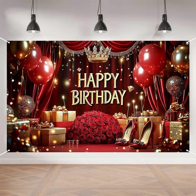 Main image of Red Happy Birthday Banner - 70.8x43.3 Inch,Royal Birthday Decoration with Balloons and Roses Elegant Party Backdrop