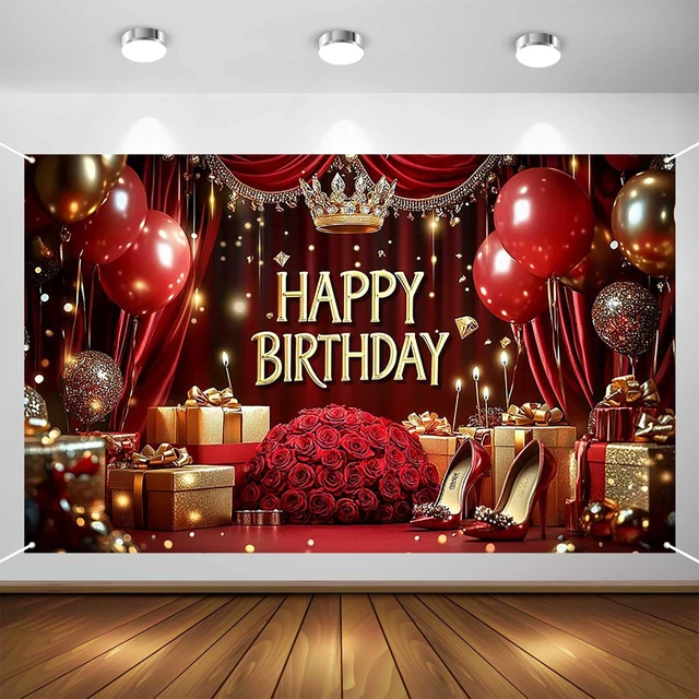 Alt view image 2 of 5 - Red Happy Birthday Banner - 70.8x43.3 Inch,Royal Birthday Decoration with Balloons and Roses Elegant Party Backdrop