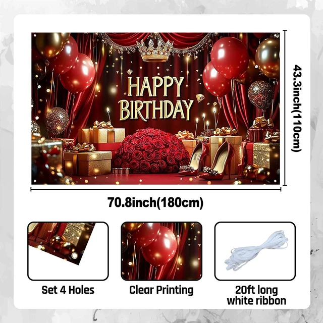 Alt view image 4 of 5 - Red Happy Birthday Banner - 70.8x43.3 Inch,Royal Birthday Decoration with Balloons and Roses Elegant Party Backdrop