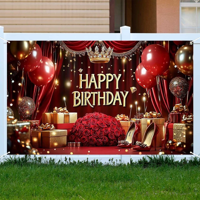 Alt view image 3 of 5 - Red Happy Birthday Banner - 70.8x43.3 Inch,Royal Birthday Decoration with Balloons and Roses Elegant Party Backdrop