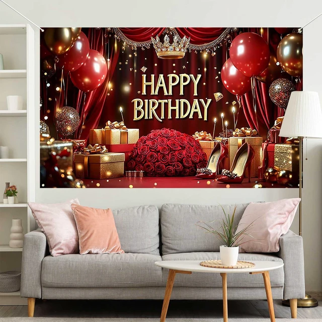 Alt view image 5 of 5 - Red Happy Birthday Banner - 70.8x43.3 Inch,Royal Birthday Decoration with Balloons and Roses Elegant Party Backdrop