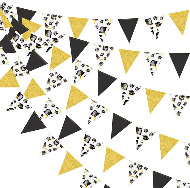 Main image of Black Gold Graduation Decorations 2026 Black Gold Grad Hat Cap Banner Triangle Pennant Bunting Streamer Garland Backdrop for Grad Party Supplies Class of 2026 Classroom Middle High School Grad Decor