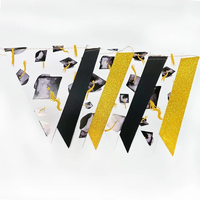Alt view image 2 of 7 - Black Gold Graduation Decorations 2026 Black Gold Grad Hat Cap Banner Triangle Pennant Bunting Streamer Garland Backdrop for Grad Party Supplies Class of 2026 Classroom Middle High School Grad Decor