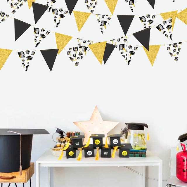 Alt view image 4 of 7 - Black Gold Graduation Decorations 2026 Black Gold Grad Hat Cap Banner Triangle Pennant Bunting Streamer Garland Backdrop for Grad Party Supplies Class of 2026 Classroom Middle High School Grad Decor