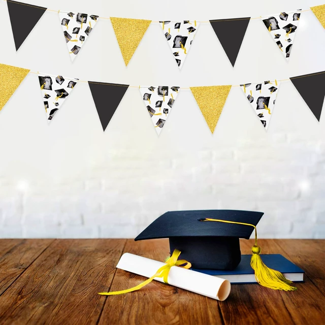 Alt view image 6 of 7 - Black Gold Graduation Decorations 2026 Black Gold Grad Hat Cap Banner Triangle Pennant Bunting Streamer Garland Backdrop for Grad Party Supplies Class of 2026 Classroom Middle High School Grad Decor