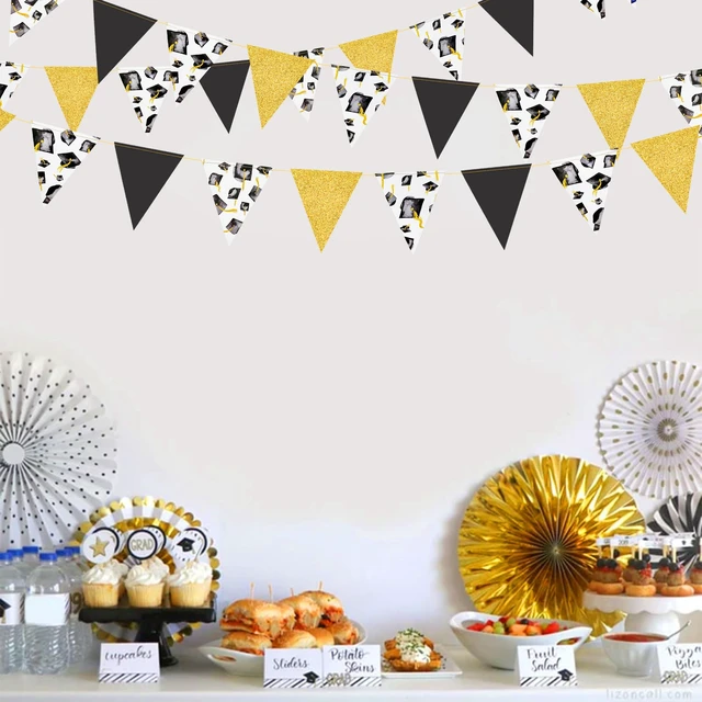 Alt view image 7 of 7 - Black Gold Graduation Decorations 2026 Black Gold Grad Hat Cap Banner Triangle Pennant Bunting Streamer Garland Backdrop for Grad Party Supplies Class of 2026 Classroom Middle High School Grad Decor