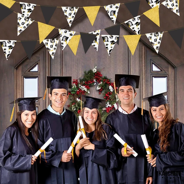 Alt view image 5 of 7 - Black Gold Graduation Decorations 2026 Black Gold Grad Hat Cap Banner Triangle Pennant Bunting Streamer Garland Backdrop for Grad Party Supplies Class of 2026 Classroom Middle High School Grad Decor