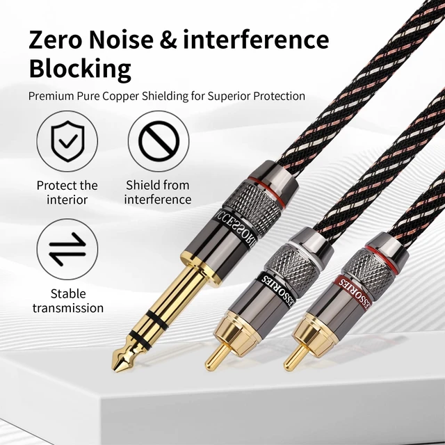 Alt view image 4 of 7 - Audiophile RCA to 1/4, Dual RCA to 6.35mm TRS Y Splitter Cable 3.28ft OFC Core, 24K Gold-Plated Plugs, Nylon Braid, Ferrite Core, Double Shielded Audio Cord for HiFi Home Stereos & Turntables