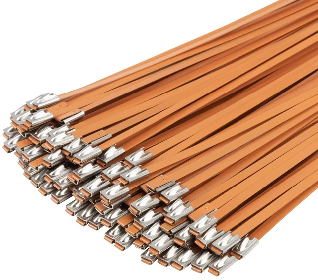 Main image of 100 PCS 11.8" Orange Metal Zip Ties, 304 Stainless Steel Heavy Duty Zip Ties, Multi-Purpose Self-locking Cable Ties for Exhaust Wrap, Outdoor and Canopy Etc