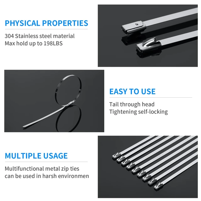 Alt view image 4 of 6 - 100 PCS 11.8" Orange Metal Zip Ties, 304 Stainless Steel Heavy Duty Zip Ties, Multi-Purpose Self-locking Cable Ties for Exhaust Wrap, Outdoor and Canopy Etc