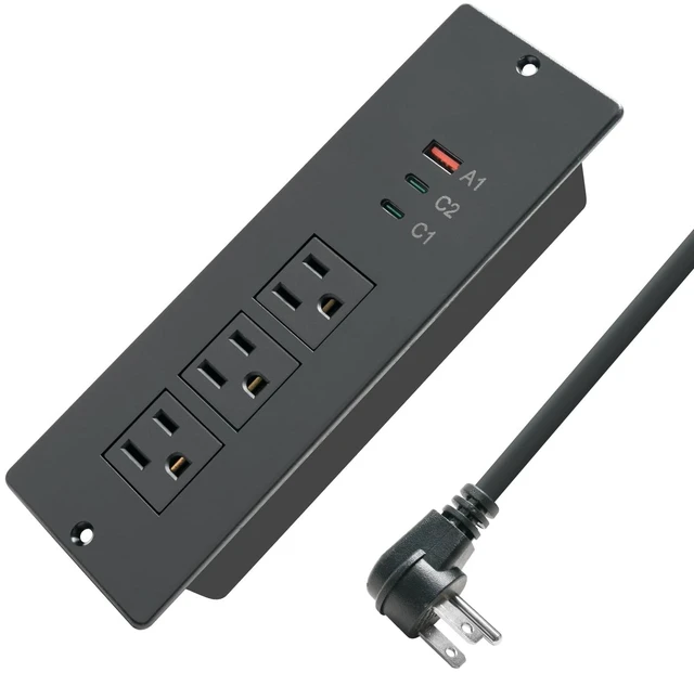 Main image of 45W Recessed Power Strip USB C, Flush Mount Desk Extender 3 AC Outlets 2 PD USB-C&1 Fast Charge USB-A Ports,Flat Plug Extension Cord for Drawer Cabinet Countertop Table Conference Black
