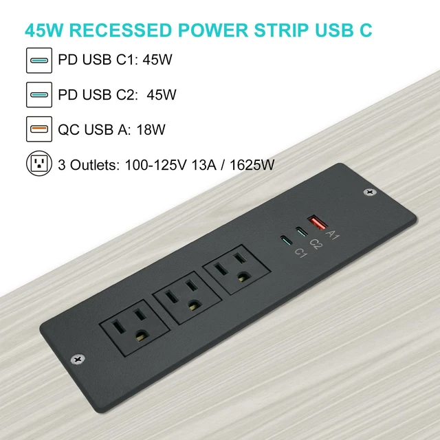 Alt view image 2 of 7 - 45W Recessed Power Strip USB C, Flush Mount Desk Extender 3 AC Outlets 2 PD USB-C&1 Fast Charge USB-A Ports,Flat Plug Extension Cord for Drawer Cabinet Countertop Table Conference Black