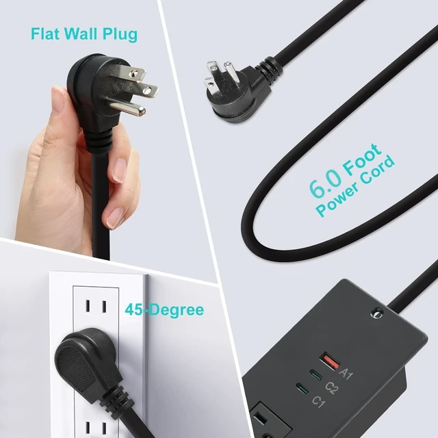 Alt view image 4 of 7 - 45W Recessed Power Strip USB C, Flush Mount Desk Extender 3 AC Outlets 2 PD USB-C&1 Fast Charge USB-A Ports,Flat Plug Extension Cord for Drawer Cabinet Countertop Table Conference Black