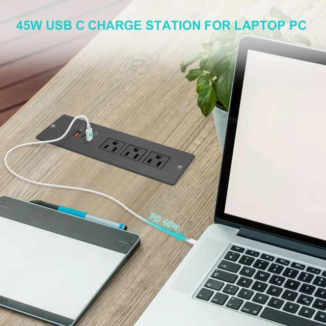 Alt view image 3 of 7 - 45W Recessed Power Strip USB C, Flush Mount Desk Extender 3 AC Outlets 2 PD USB-C&1 Fast Charge USB-A Ports,Flat Plug Extension Cord for Drawer Cabinet Countertop Table Conference Black