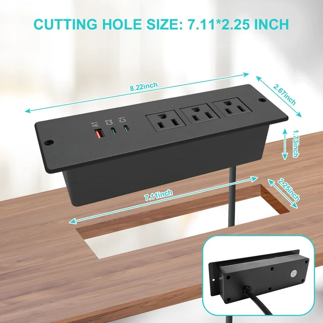 Alt view image 5 of 7 - 45W Recessed Power Strip USB C, Flush Mount Desk Extender 3 AC Outlets 2 PD USB-C&1 Fast Charge USB-A Ports,Flat Plug Extension Cord for Drawer Cabinet Countertop Table Conference Black