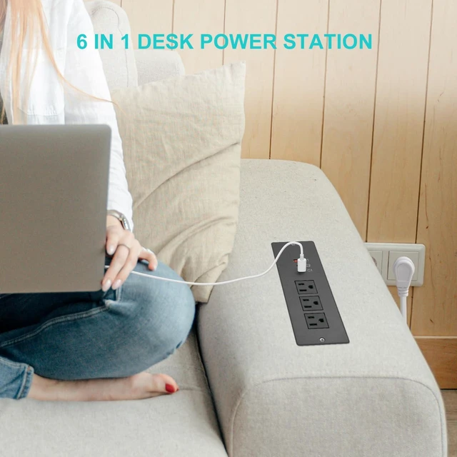 Alt view image 7 of 7 - 45W Recessed Power Strip USB C, Flush Mount Desk Extender 3 AC Outlets 2 PD USB-C&1 Fast Charge USB-A Ports,Flat Plug Extension Cord for Drawer Cabinet Countertop Table Conference Black