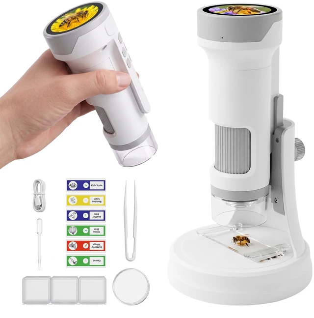 Main image of 1000X Handheld Digital Microscope for Kids, Portable Microscope with IPS Round Screen, SD Card for Photos & Video, Slides Kit, Rechargeable, Kids Toys for Girls Boys Ages 3-12 (White Gray)