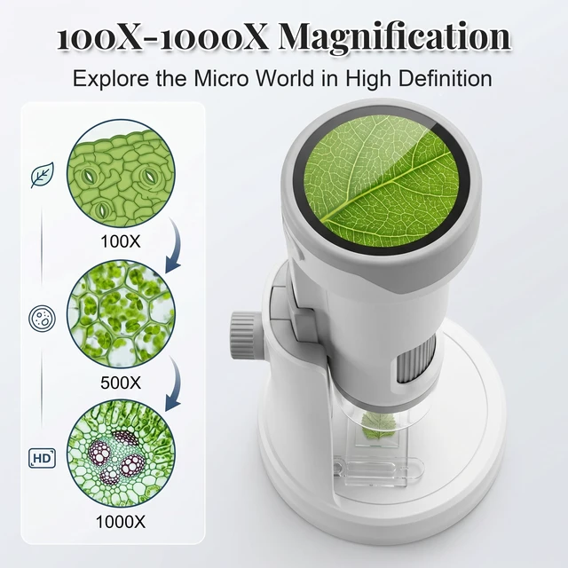 Alt view image 3 of 6 - 1000X Handheld Digital Microscope for Kids, Portable Microscope with IPS Round Screen, SD Card for Photos & Video, Slides Kit, Rechargeable, Kids Toys for Girls Boys Ages 3-12 (White Gray)