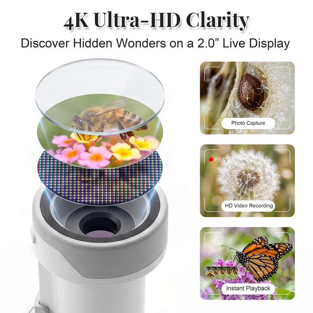 Alt view image 2 of 6 - 1000X Handheld Digital Microscope for Kids, Portable Microscope with IPS Round Screen, SD Card for Photos & Video, Slides Kit, Rechargeable, Kids Toys for Girls Boys Ages 3-12 (White Gray)