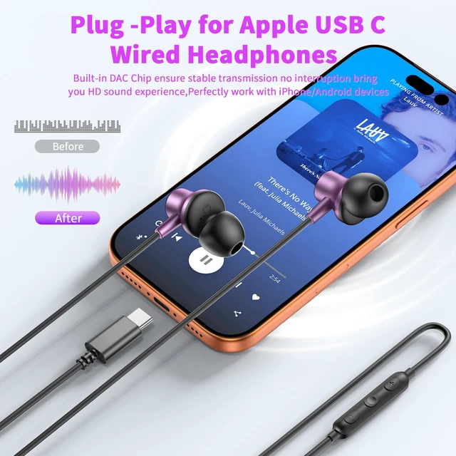 Alt view image 4 of 7 - USB C Earbuds for iPhone 18 Pro Max 17 16 15 Headphone Wired,Purple Corded Type C Earphones With Microphone Volume Control Noise Isolation for Samsung Galaxy S26 S25 A17 A16 Zfold/iPad Pro Air