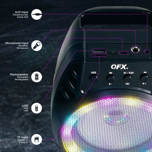 Alt view image 3 of 7 - BT-64 TWS Bluetooth Rechargeable Portable Speaker with 4 Woofer LED Party Lights, Microphone Input, AUX Input, USB Port, TF Card Slot, Black