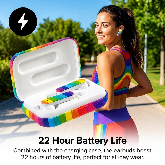 Alt view image 2 of 7 - Bluetooth Wireless Earbuds, Noise Cancelling Headphones, Mic, Rainbow Pride