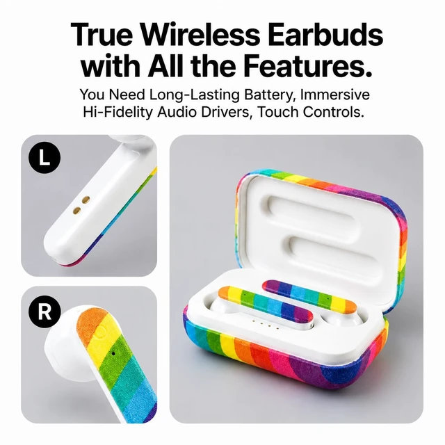 Alt view image 5 of 7 - Bluetooth Wireless Earbuds, Noise Cancelling Headphones, Mic, Rainbow Pride