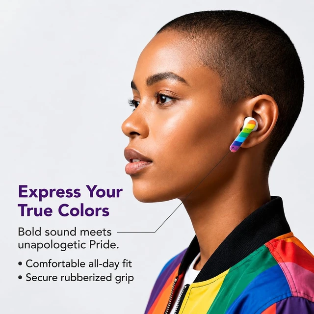 Alt view image 6 of 7 - Bluetooth Wireless Earbuds, Noise Cancelling Headphones, Mic, Rainbow Pride