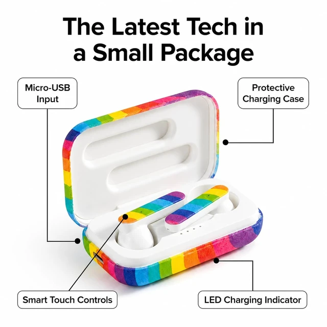 Alt view image 7 of 7 - Bluetooth Wireless Earbuds, Noise Cancelling Headphones, Mic, Rainbow Pride