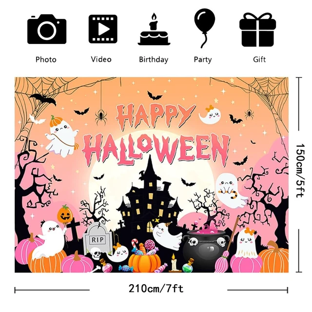 Alt view image 2 of 5 - 7x5ft Happy Halloween Backdrop Banner Pink Halloween Photography Background Ghost Pumpkin Spider Web Bat Party Photo Props