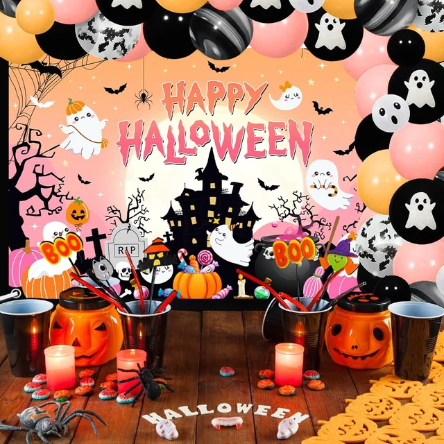 Alt view image 3 of 5 - 7x5ft Happy Halloween Backdrop Banner Pink Halloween Photography Background Ghost Pumpkin Spider Web Bat Party Photo Props