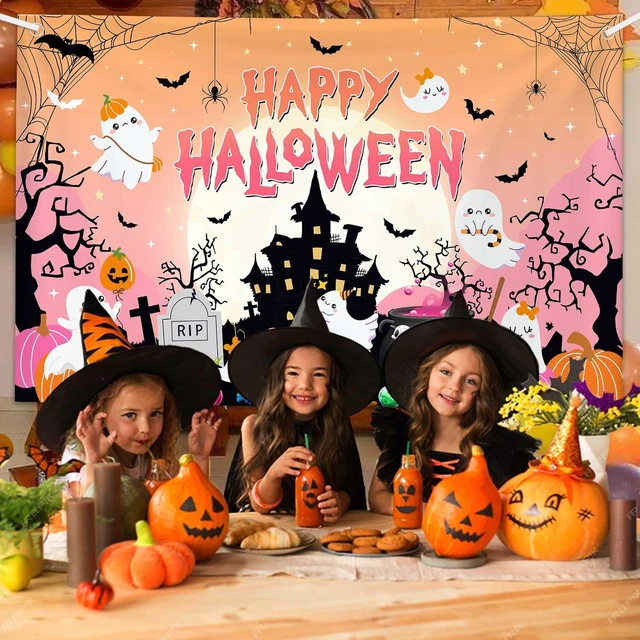Alt view image 4 of 5 - 7x5ft Happy Halloween Backdrop Banner Pink Halloween Photography Background Ghost Pumpkin Spider Web Bat Party Photo Props