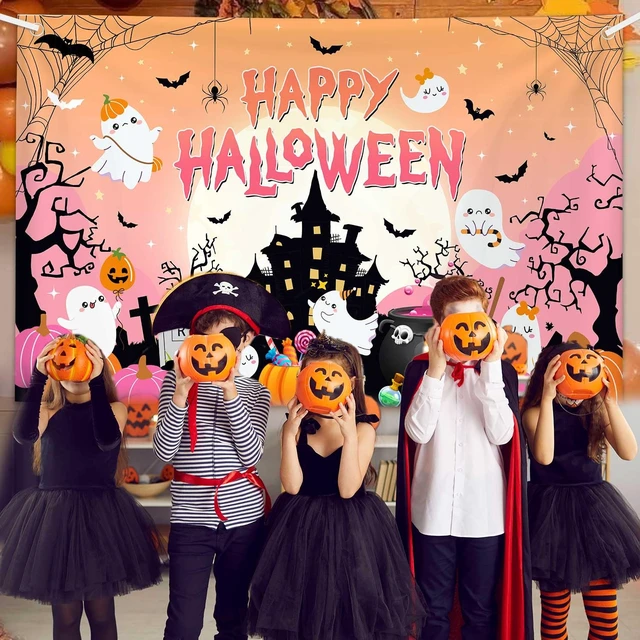 Alt view image 5 of 5 - 7x5ft Happy Halloween Backdrop Banner Pink Halloween Photography Background Ghost Pumpkin Spider Web Bat Party Photo Props